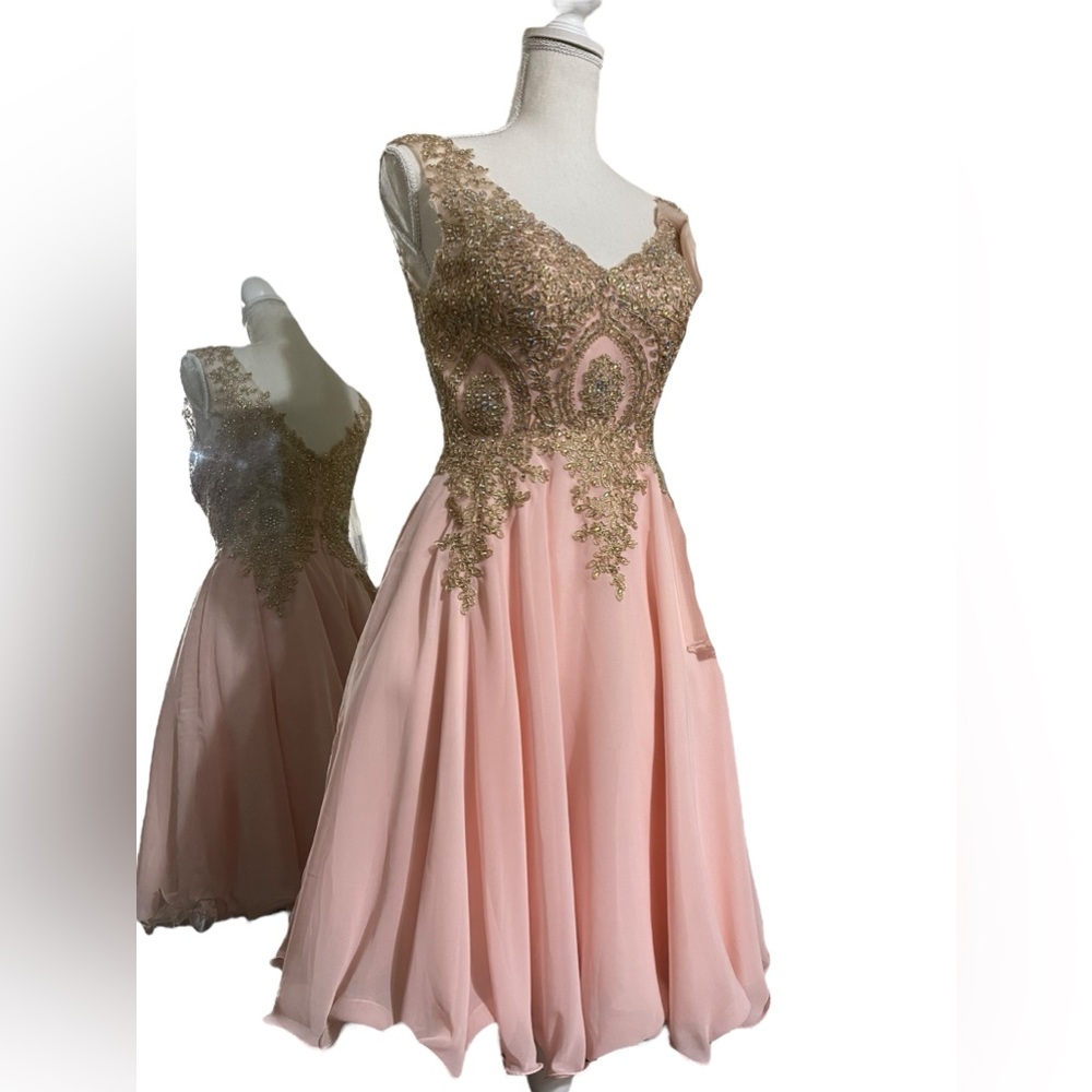 Pink beaded Beautiful tool & satin gold cascade sheer beadwork mini dress 6